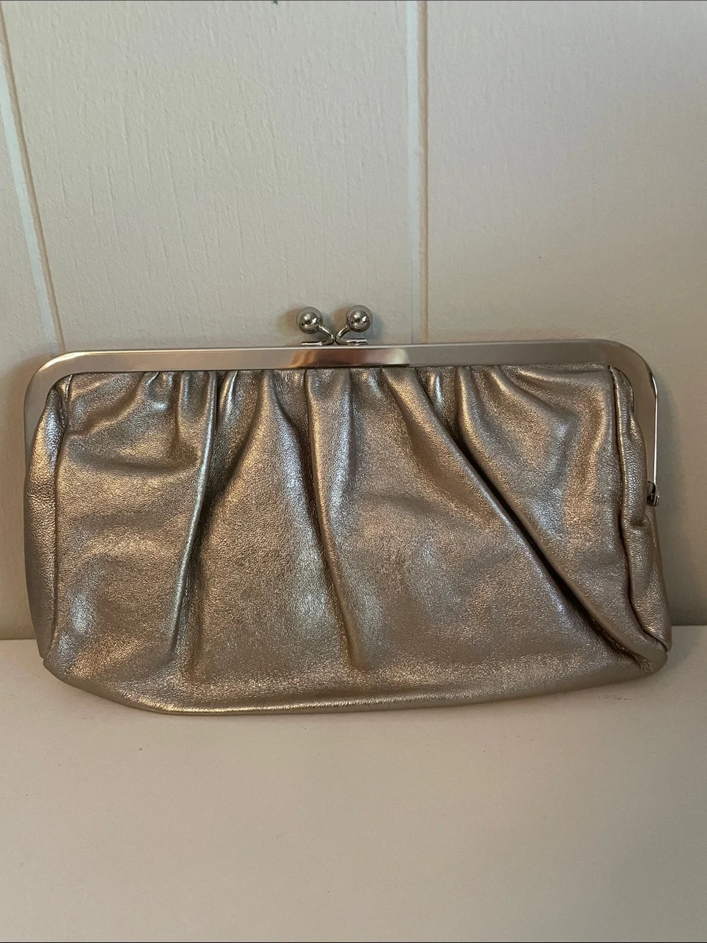 Express Metallic Leather Silver Frame Clutch